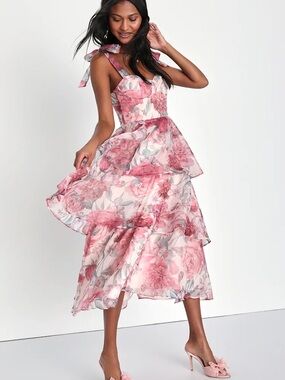 Lulus Playfully Posh Blush Floral Organza Tie-Strap Tiered Midi Dress